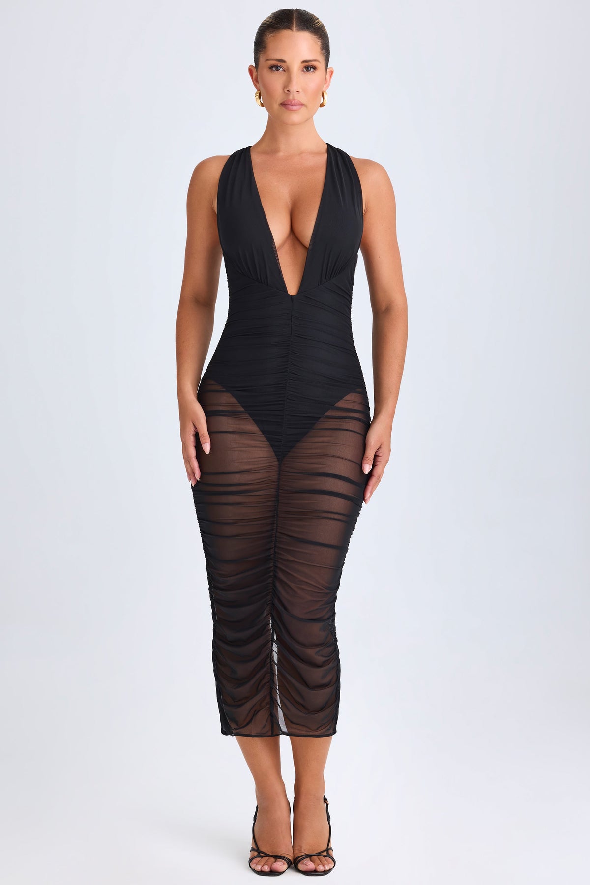 Belavie Safire Ruched Plunge Midaxi Dress in Black
