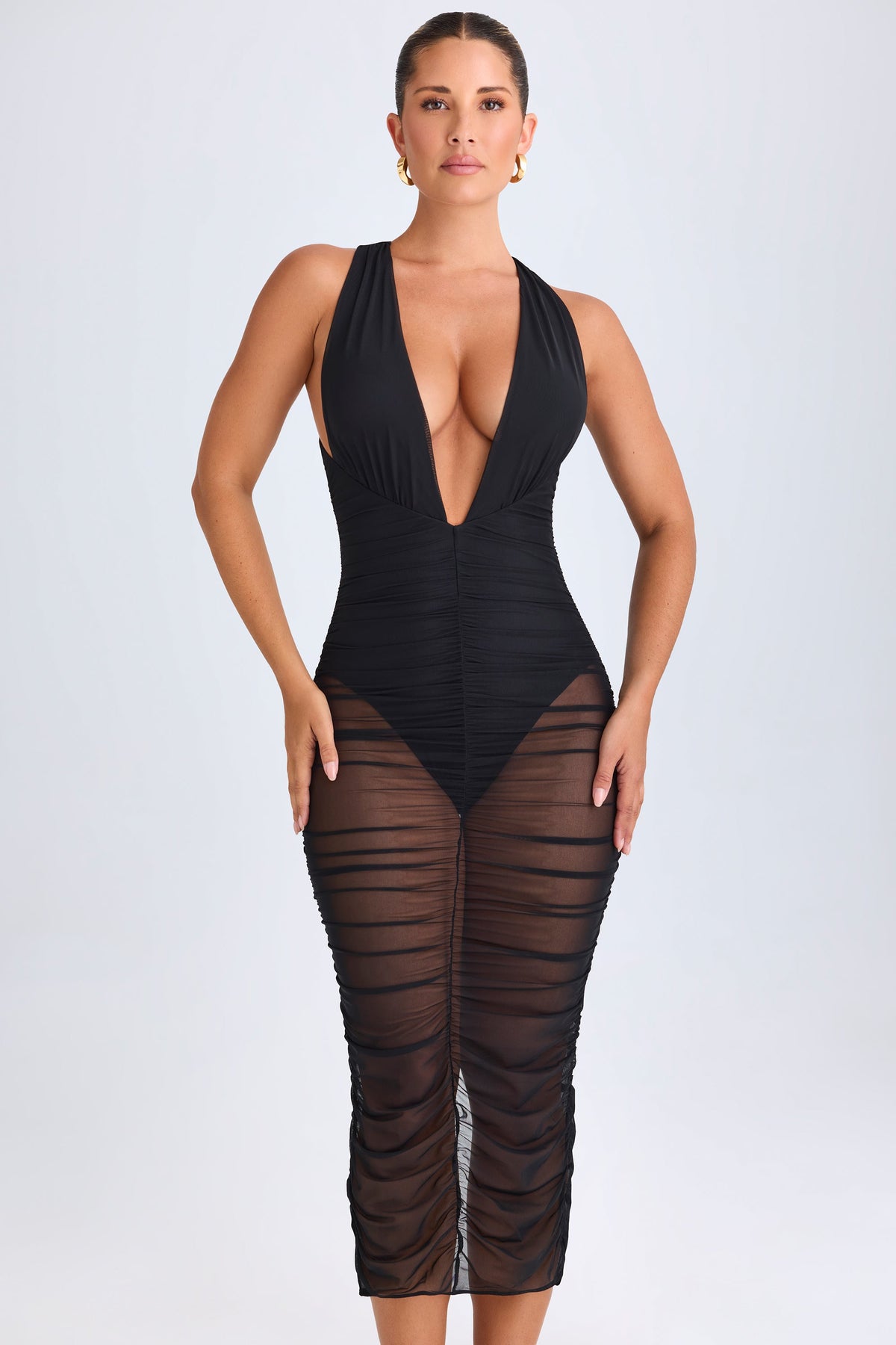 Belavie Safire Ruched Plunge Midaxi Dress in Black