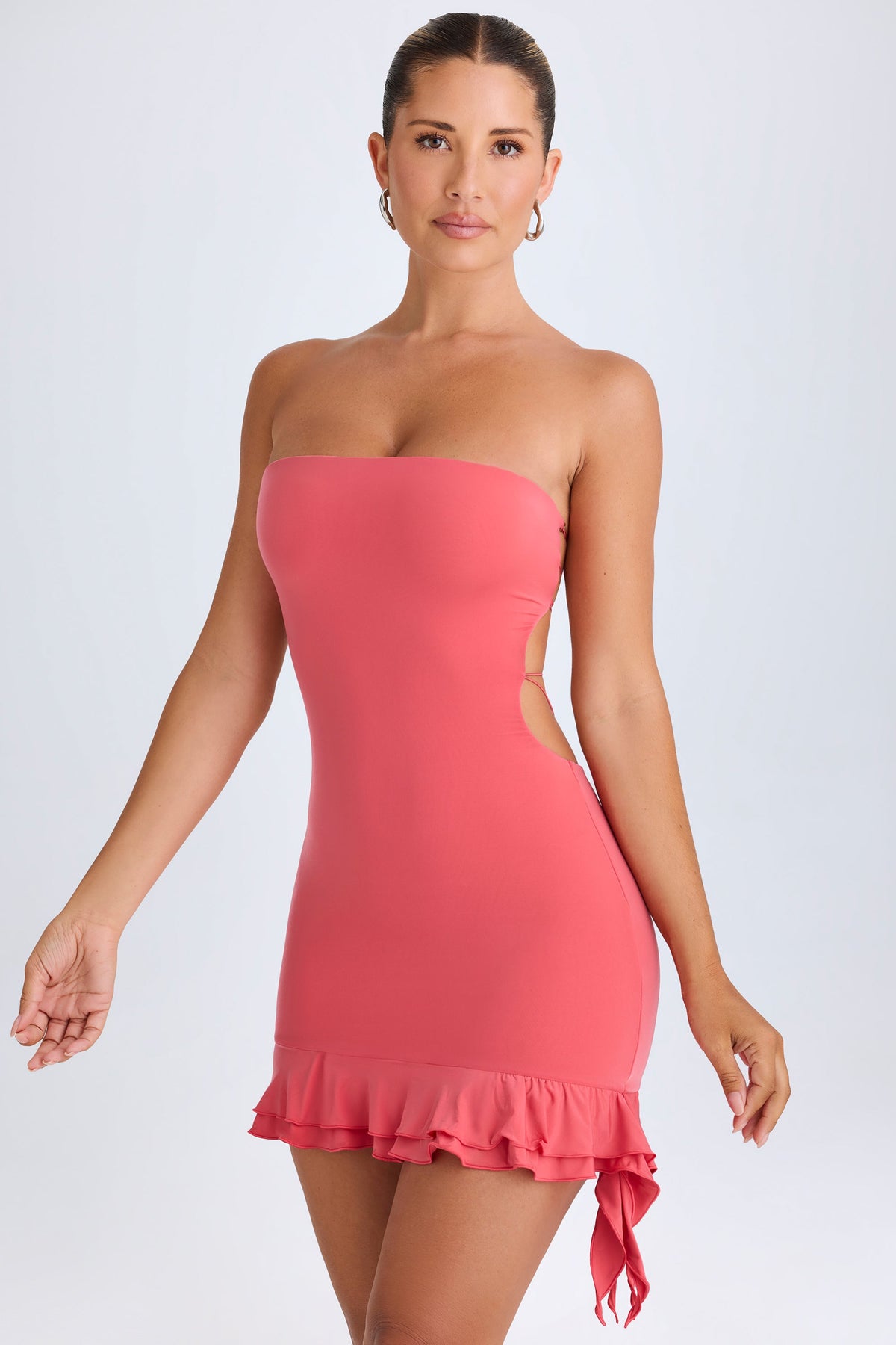 Belavie Mise Ruffle-Trim Cut-Out Bandeau Mini Dress in Coral