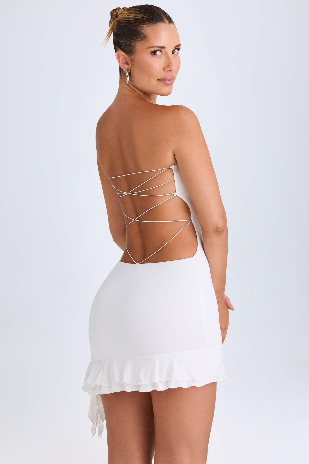 Belavie Mise Ruffle-Trim Cut-Out Bandeau Mini Dress in White