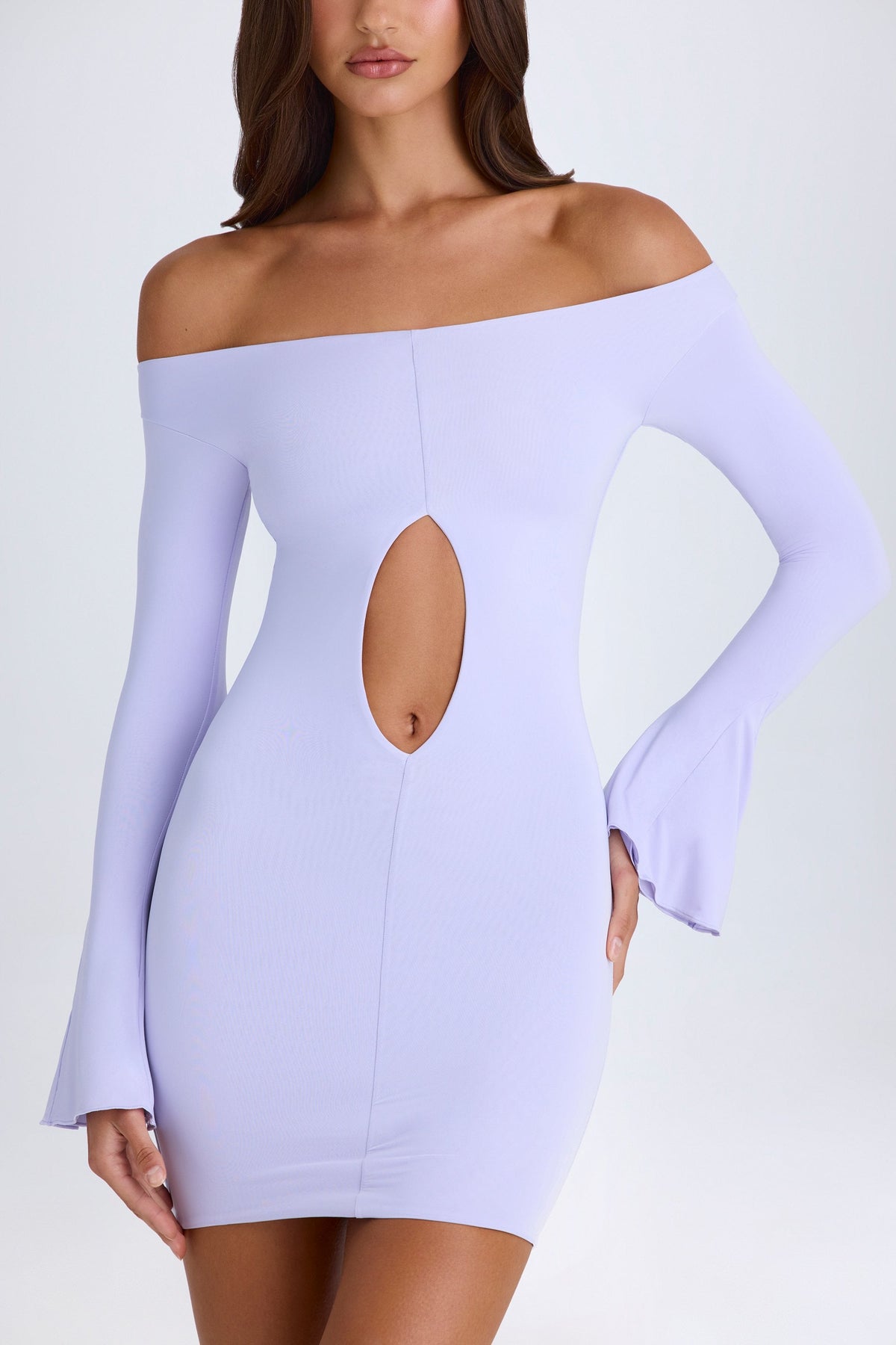 Belavie Madeline Off-Shoulder Cut-Out Mini Dress in Soft Lilac