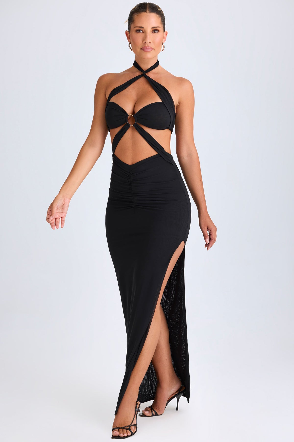 Belavie Bethanie Hardware Detail Cut-Out Halterneck Maxi Dress in Black