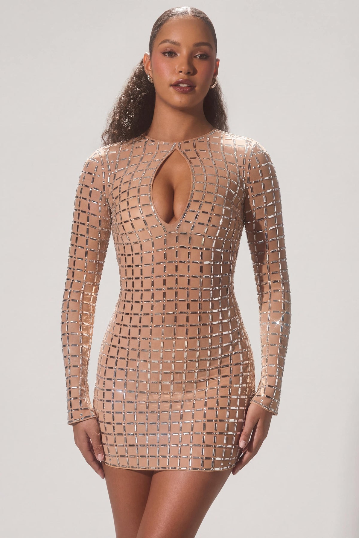 Belavie Ilane Embellished Semi-Sheer Cut-Out Mini Dress in Honey