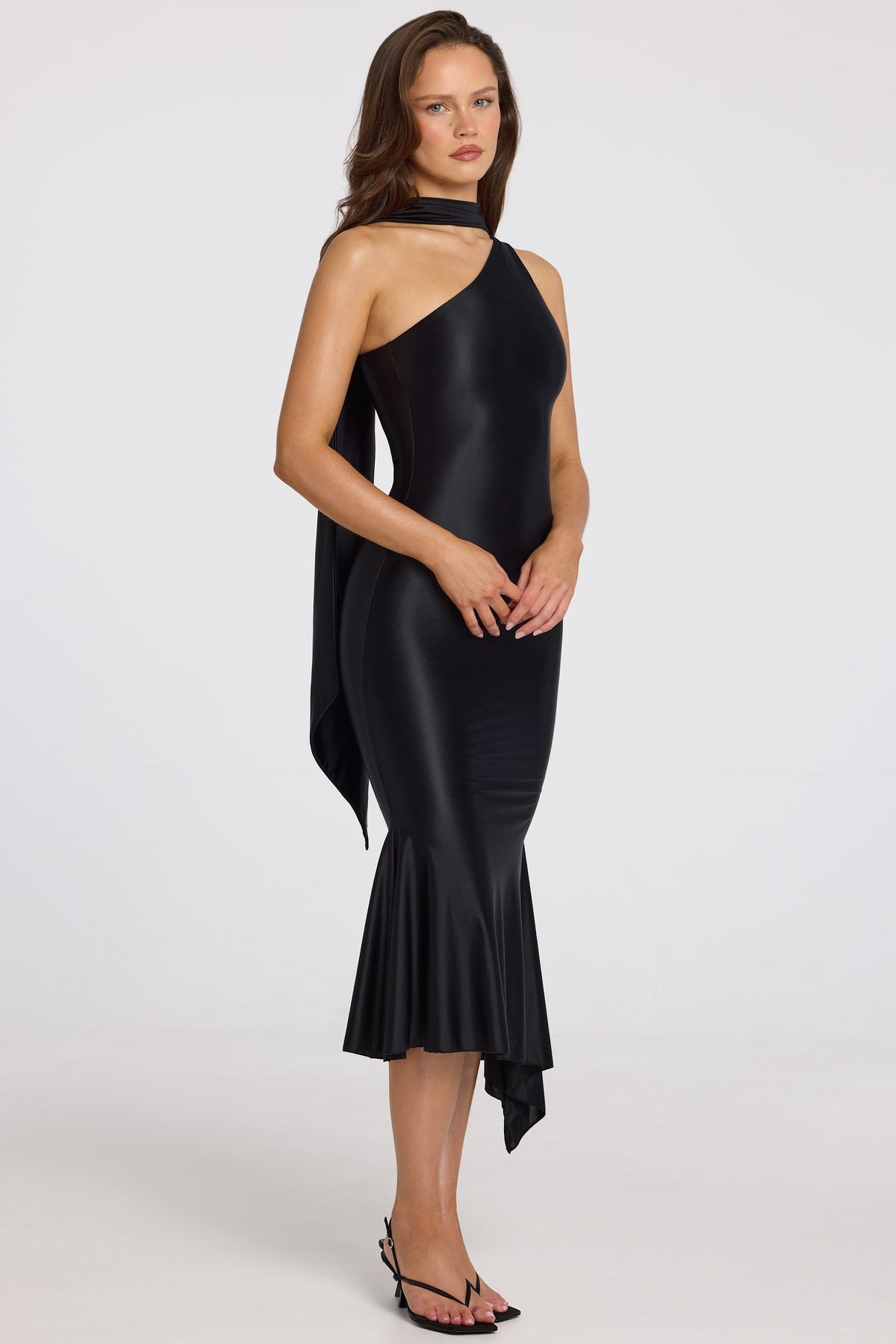 Belavie Shaye Asymmetric Scarf-Detail Midaxi Dress in Black