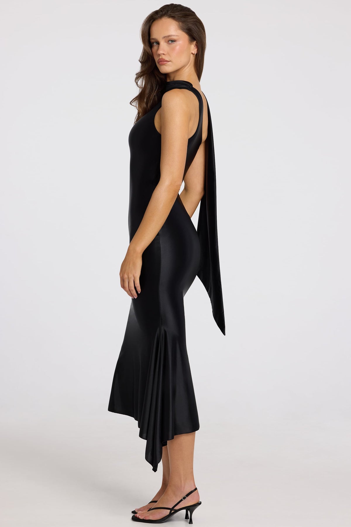 Belavie Shaye Asymmetric Scarf-Detail Midaxi Dress in Black