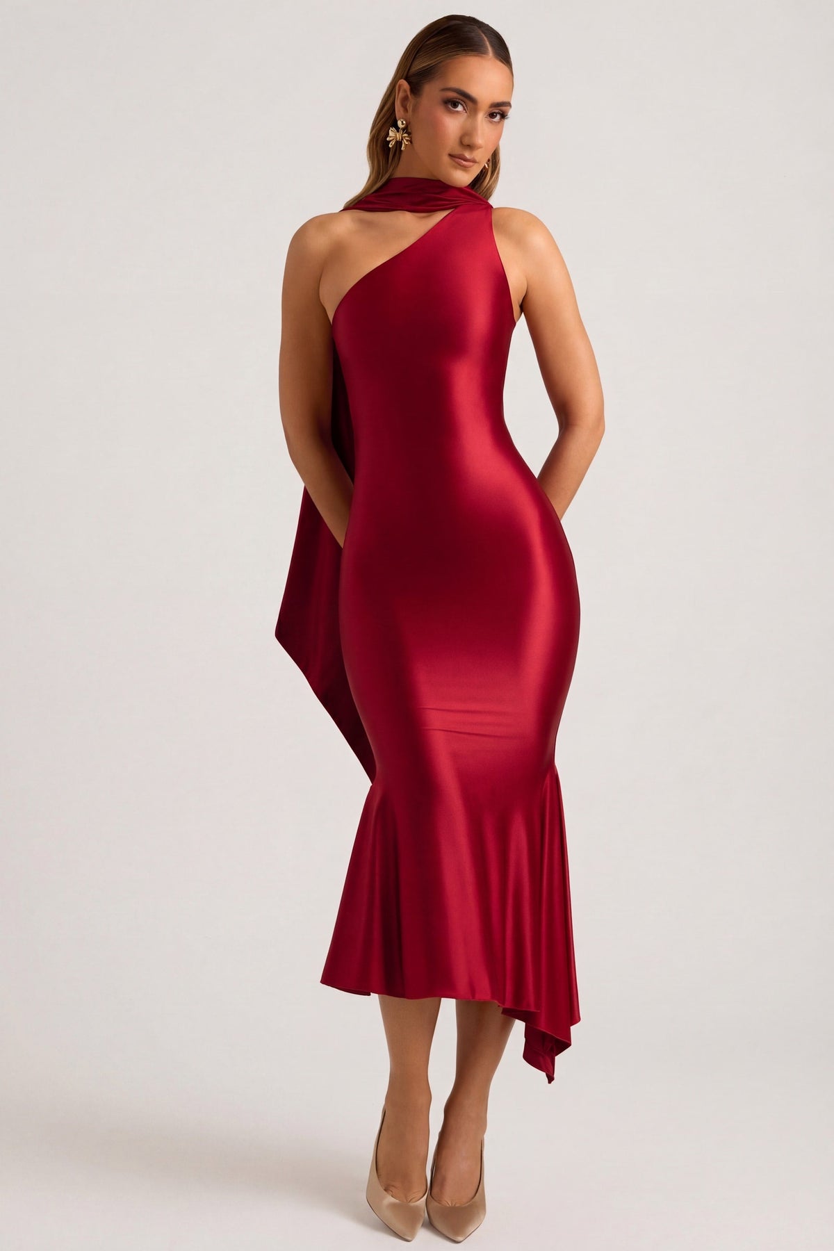 Belavie Shaye Asymmetric Scarf-Detail Midaxi Dress in Rouge