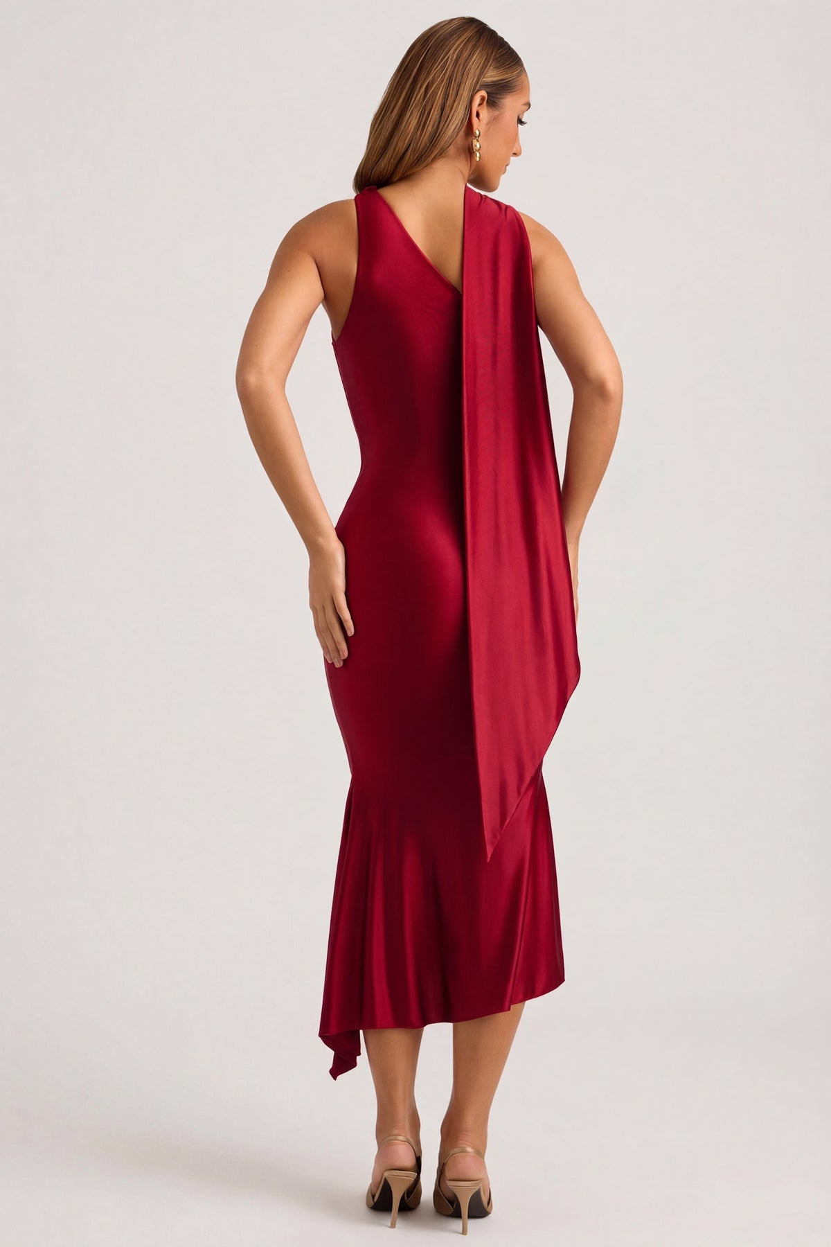 Belavie Shaye Asymmetric Scarf-Detail Midaxi Dress in Rouge
