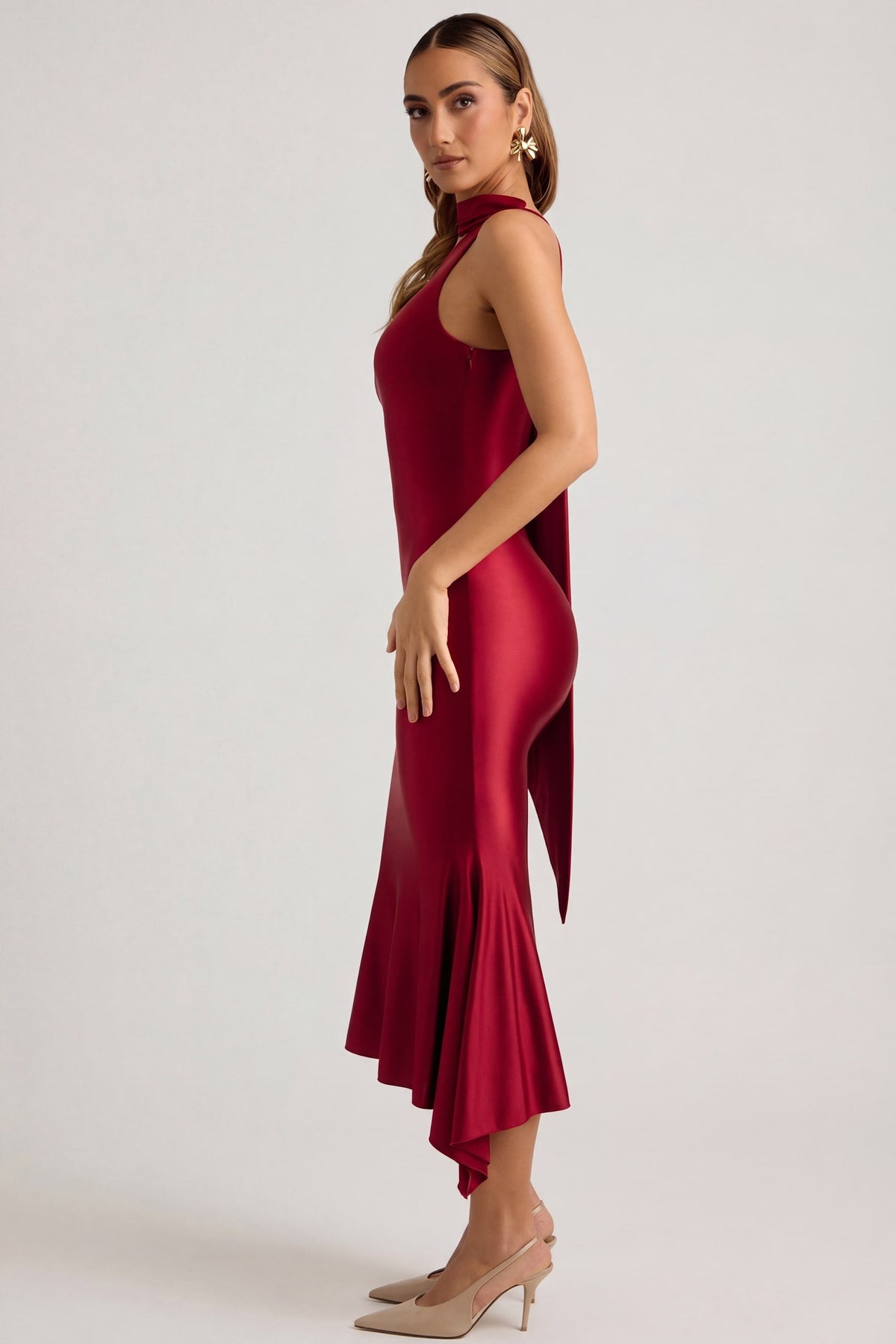 Belavie Shaye Asymmetric Scarf-Detail Midaxi Dress in Rouge