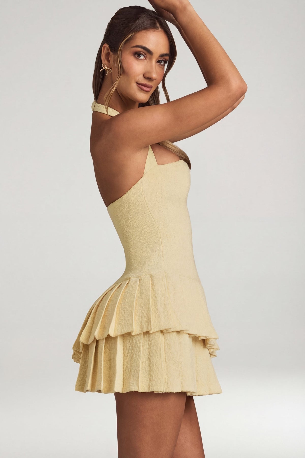 Belavie Rosarie Asymmetric Layered Halterneck Mini Dress in Pastel Yellow