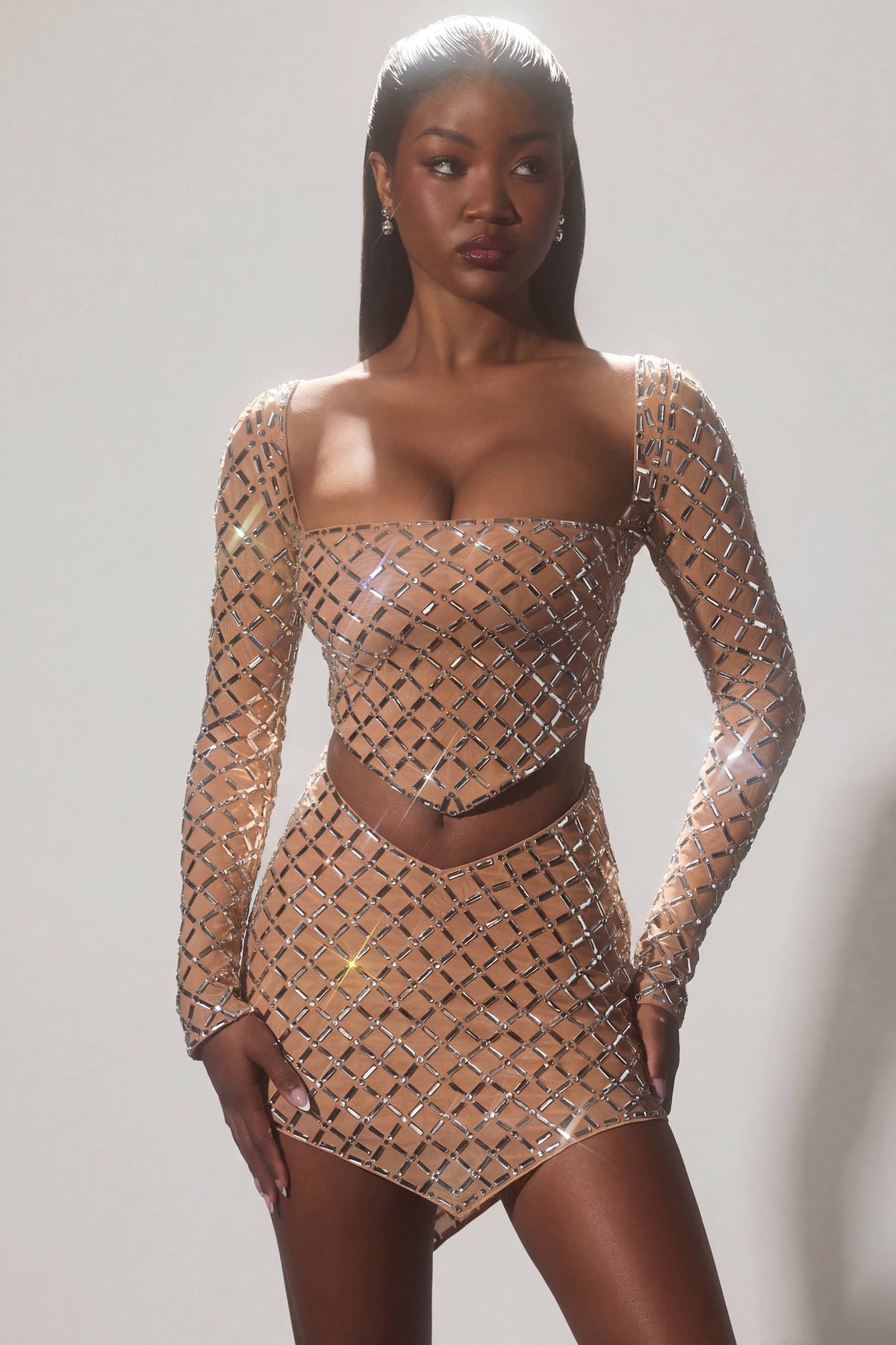 Belavie Thore Embellished Asymmetric Crop Top in Honey