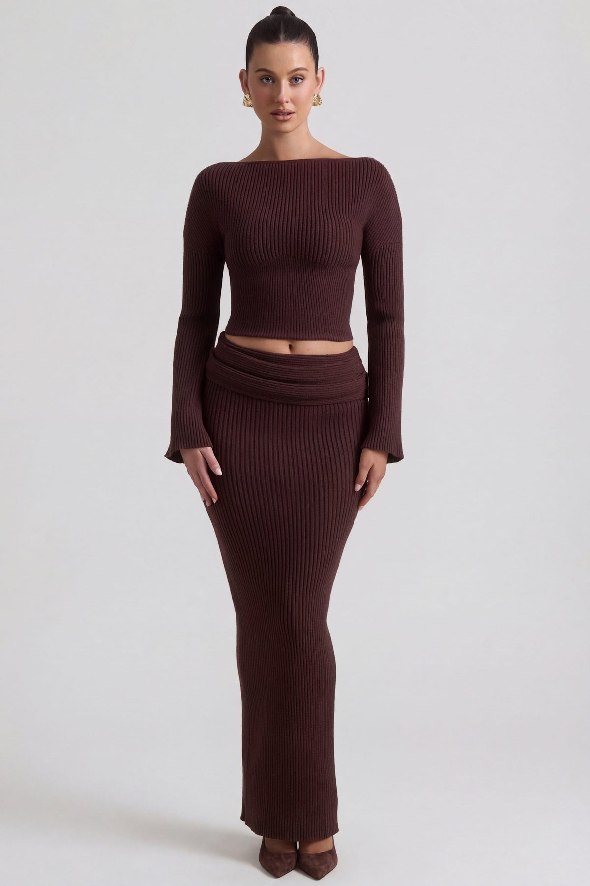 Belavie Edalena Ribbed-Knit Foldover Maxi Skirt in Espresso