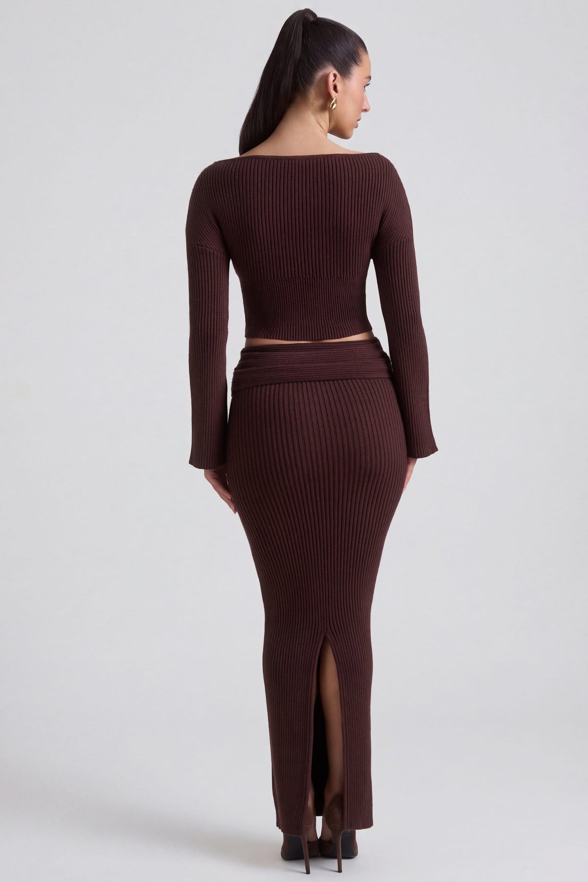 Belavie Edalena Ribbed-Knit Foldover Maxi Skirt in Espresso
