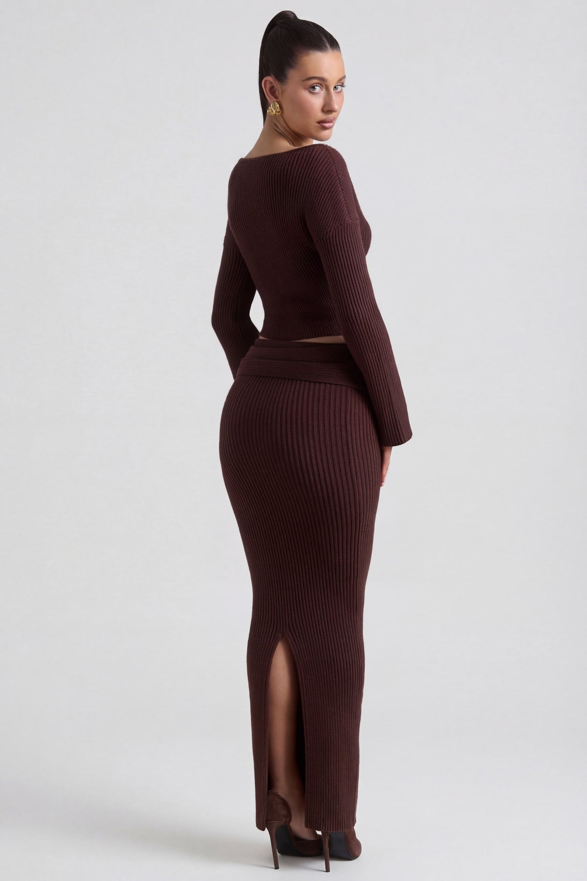 Belavie Edalena Ribbed-Knit Foldover Maxi Skirt in Espresso