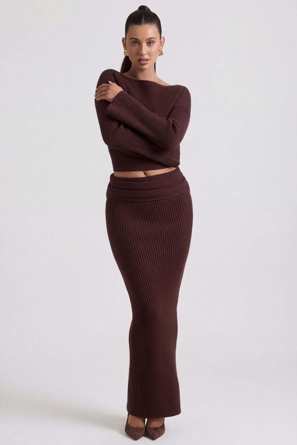 Belavie Edalena Ribbed-Knit Foldover Maxi Skirt in Espresso