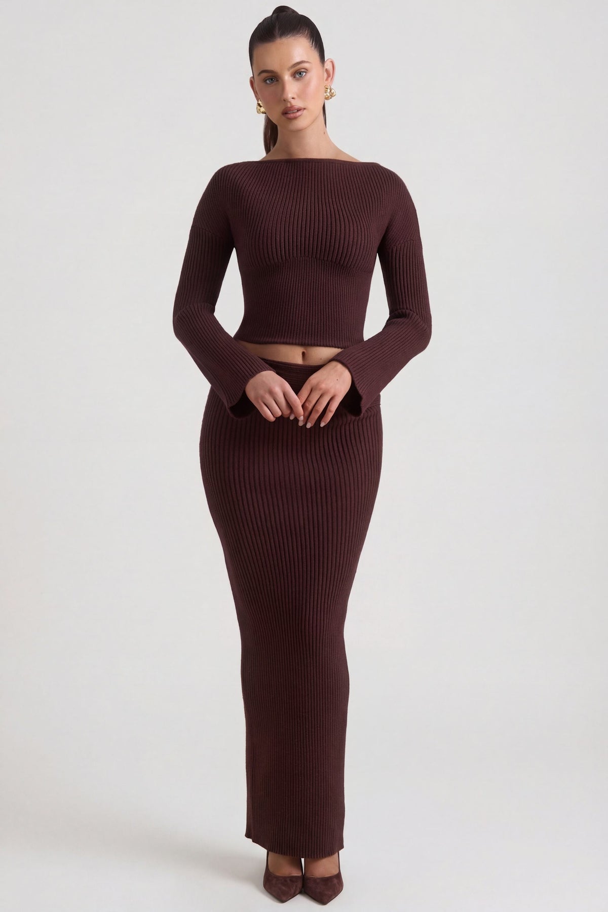 Belavie Edalena Ribbed-Knit Foldover Maxi Skirt in Espresso