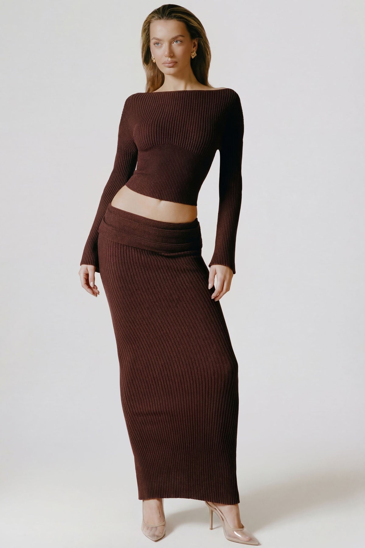 Belavie Edalena Ribbed-Knit Foldover Maxi Skirt in Espresso
