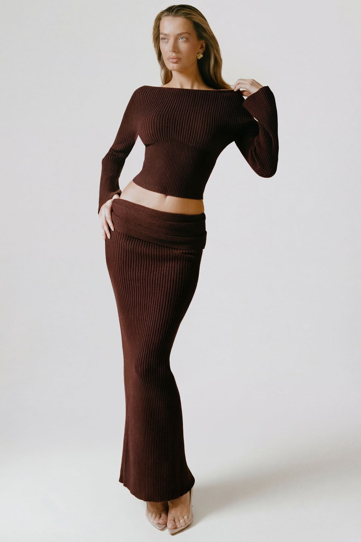 Belavie Edalena Ribbed-Knit Foldover Maxi Skirt in Espresso