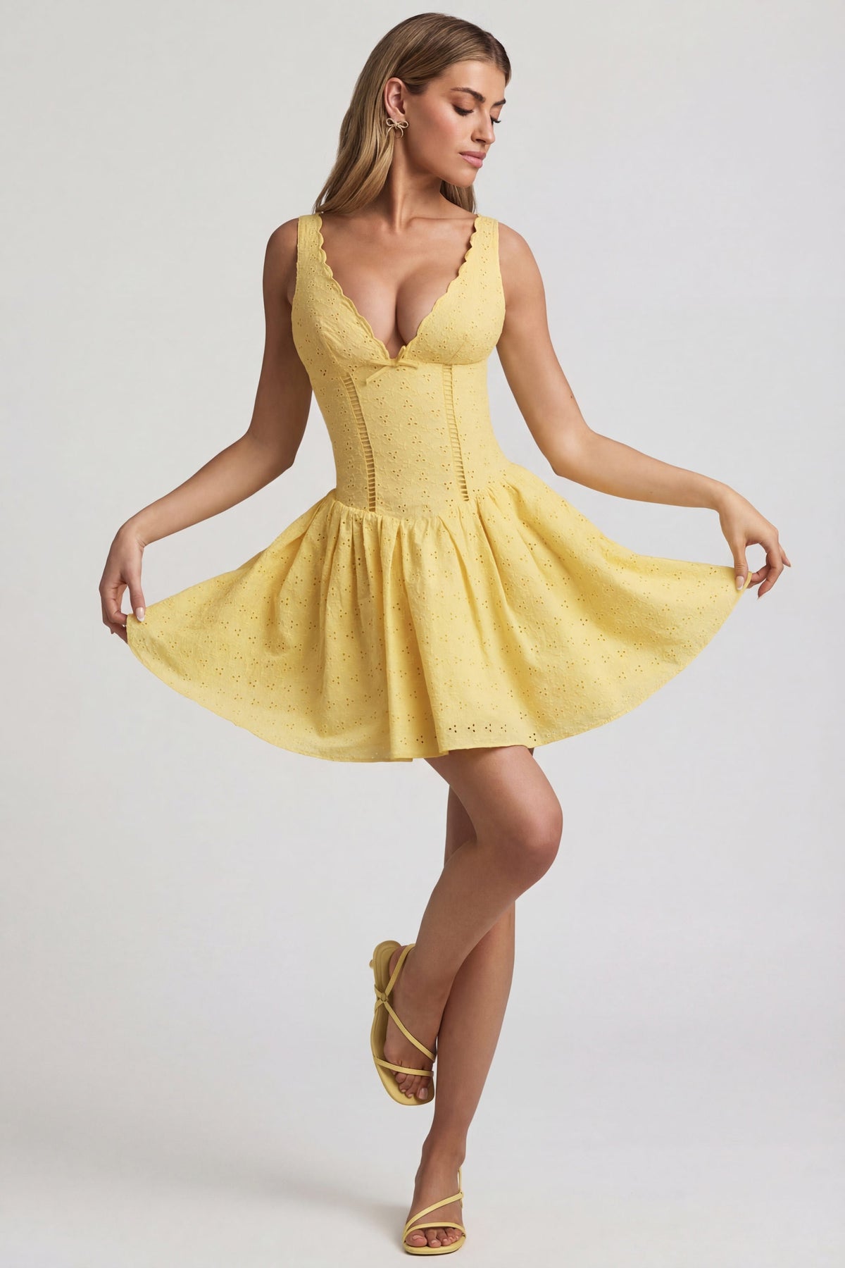Belavie Broderie Anglaise Bow-Detail A-Line Mini Dress in Pastel Yellow