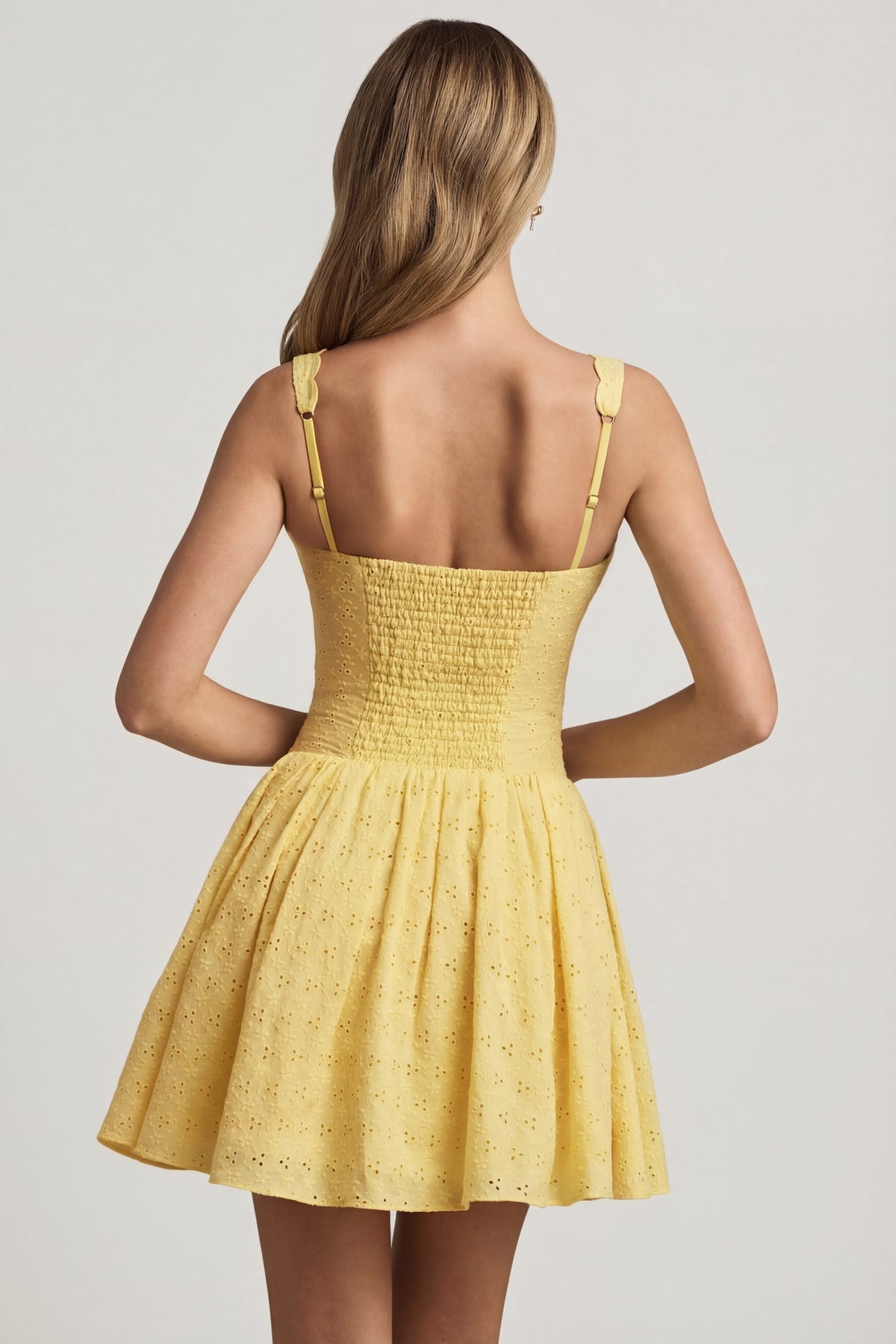 Belavie Broderie Anglaise Bow-Detail A-Line Mini Dress in Pastel Yellow