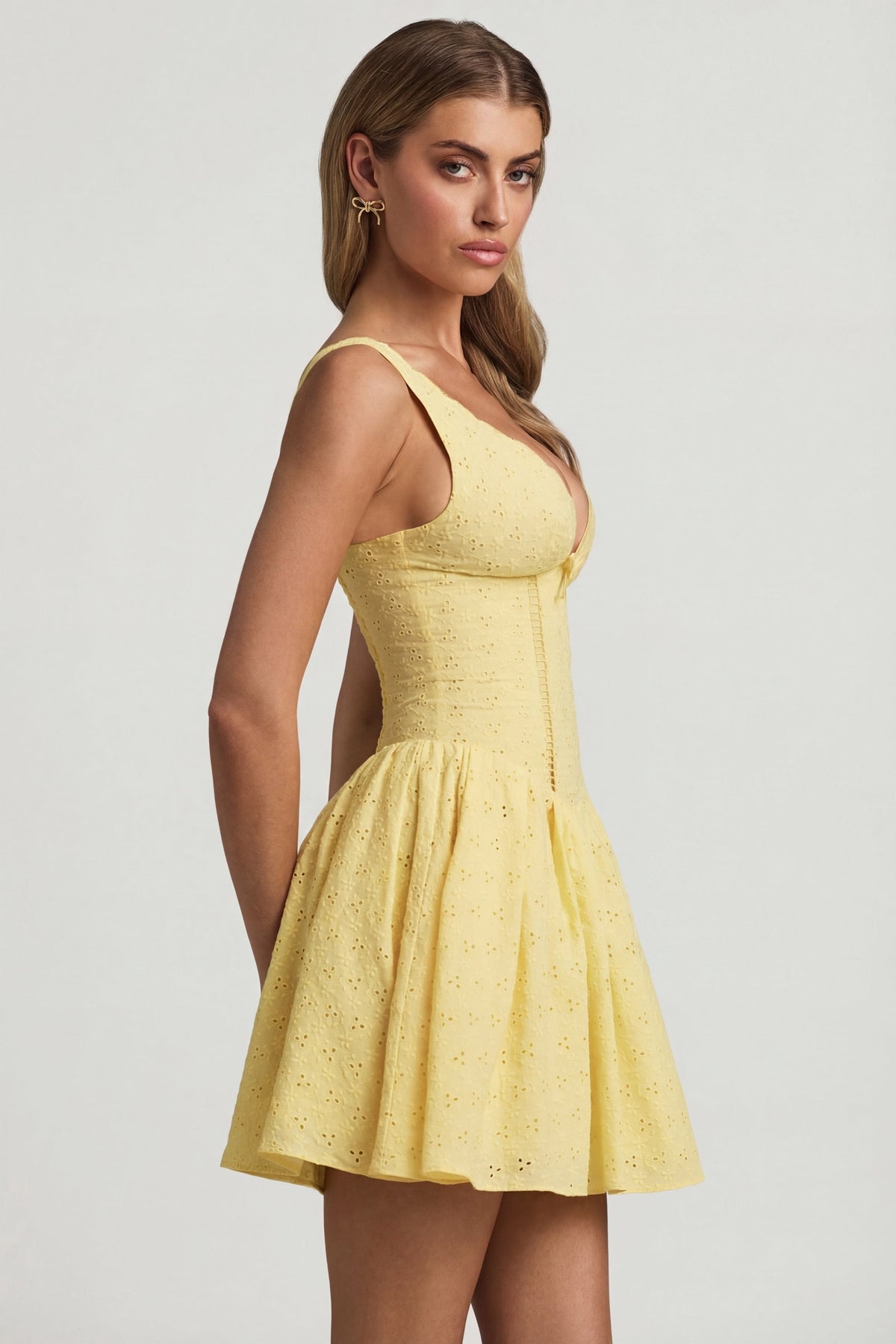Belavie Broderie Anglaise Bow-Detail A-Line Mini Dress in Pastel Yellow