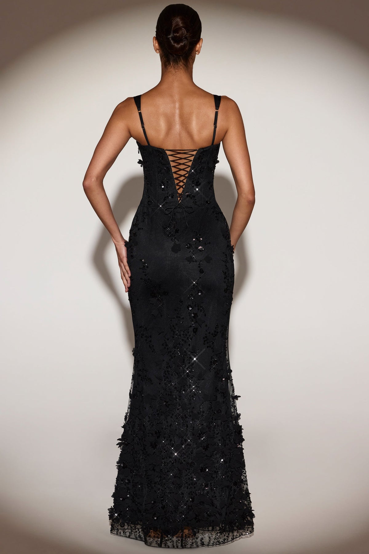 Belavie Vasante Embellished Appliqué Soft-Scoop Corset Gown in Black