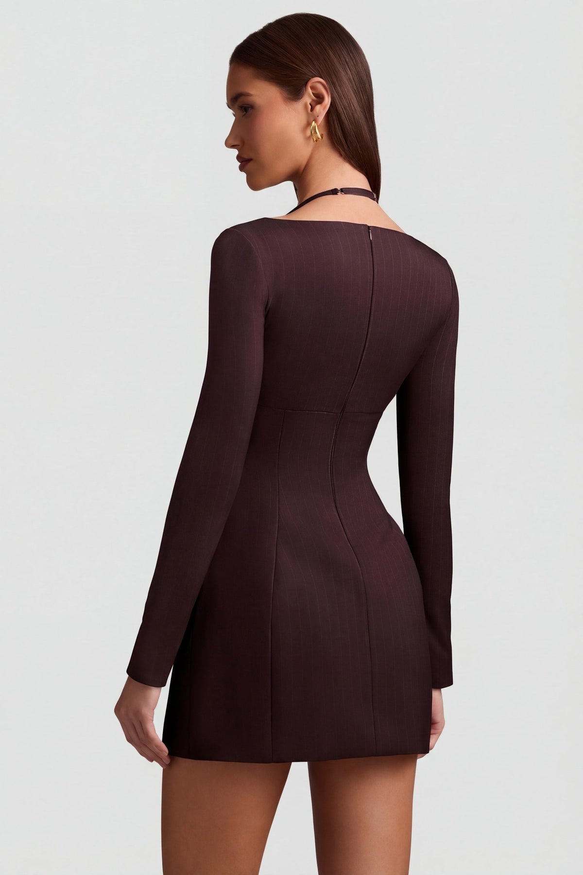 Belavie Ksenie Pinstripe Structured A-Line Mini Dress in Chocolate Brown