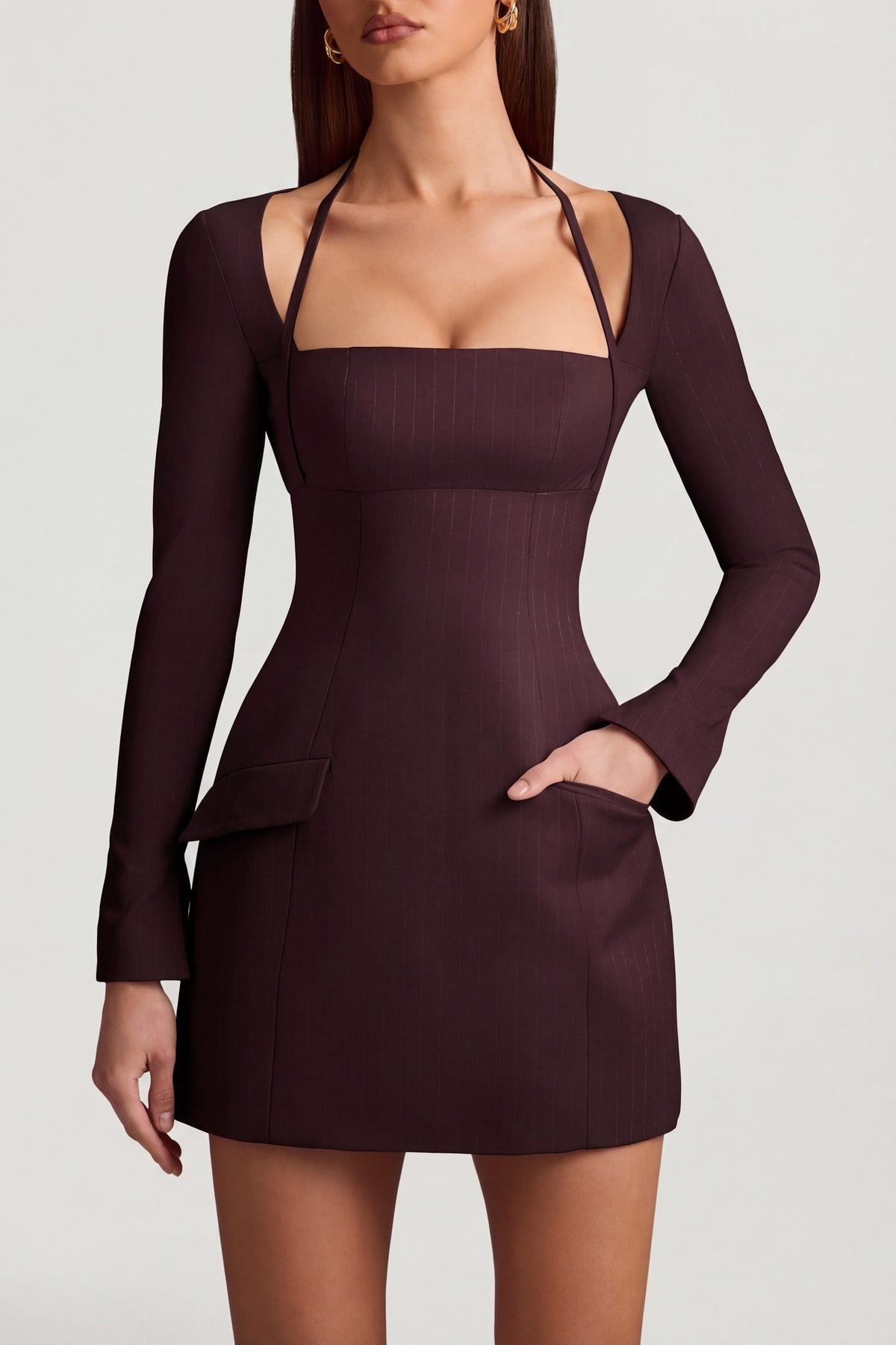 Belavie Ksenie Pinstripe Structured A-Line Mini Dress in Chocolate Brown