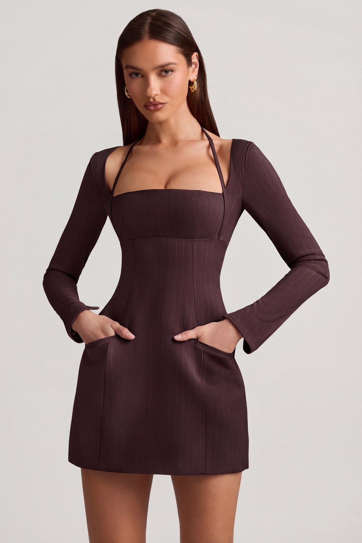 Belavie Ksenie Pinstripe Structured A-Line Mini Dress in Chocolate Brown