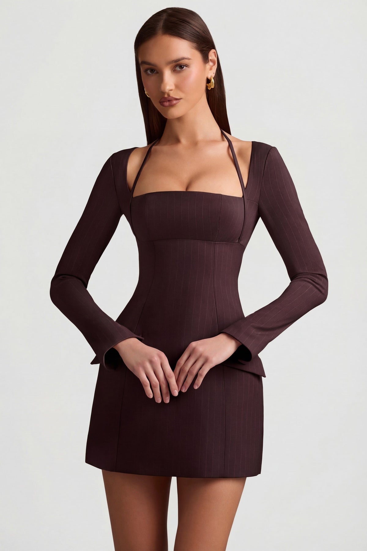 Belavie Ksenie Pinstripe Structured A-Line Mini Dress in Chocolate Brown