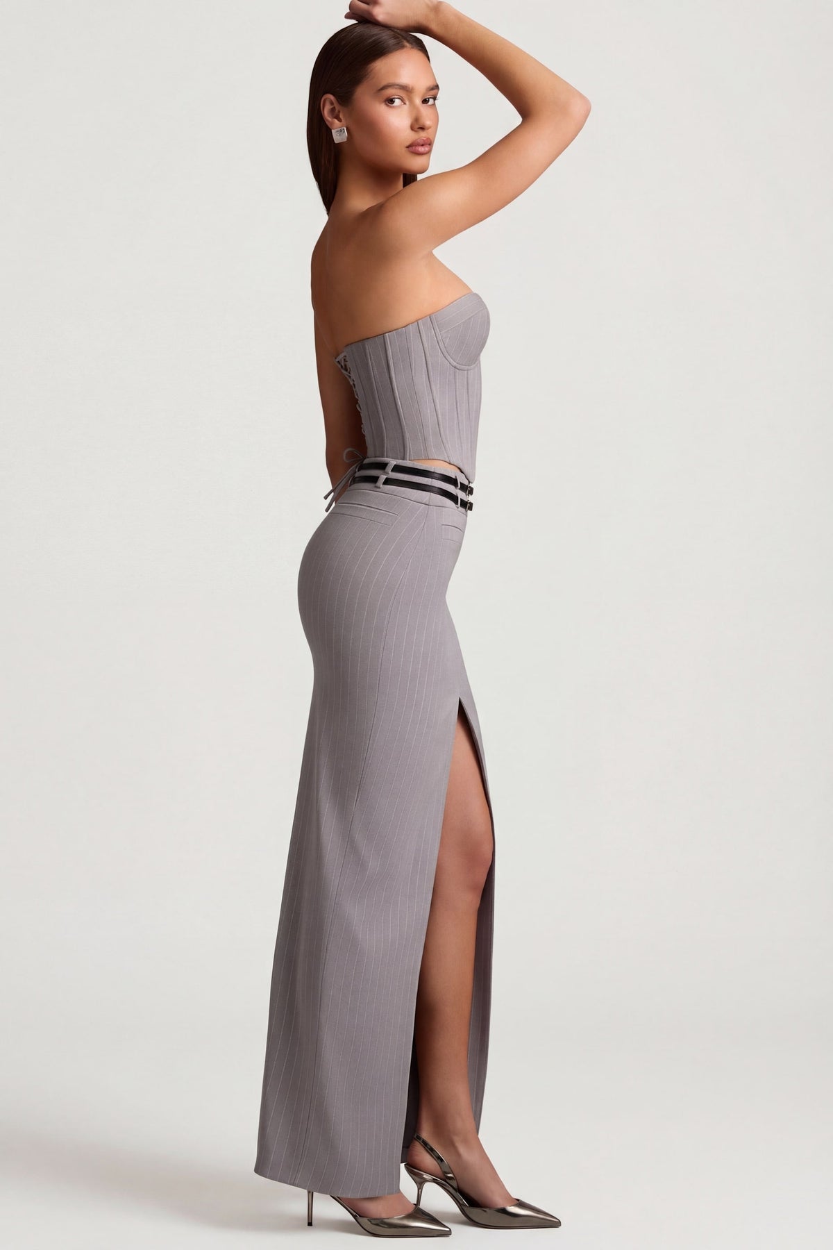 Belavie Liore Pinstripe Low-Rise Maxi Skirt in Grey