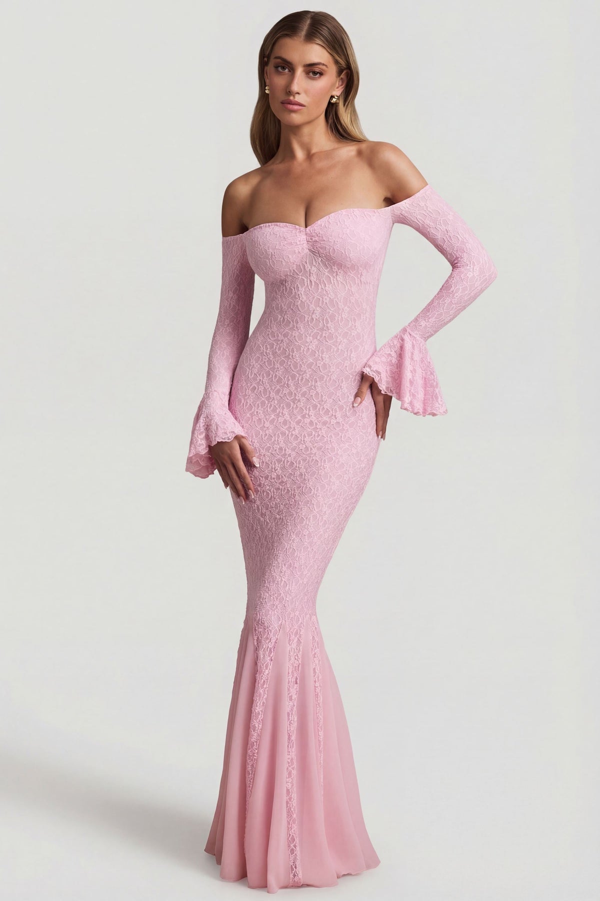 Belavie Verene Off-Shoulder Ruffle Lace Maxi Dress in Soft Pink