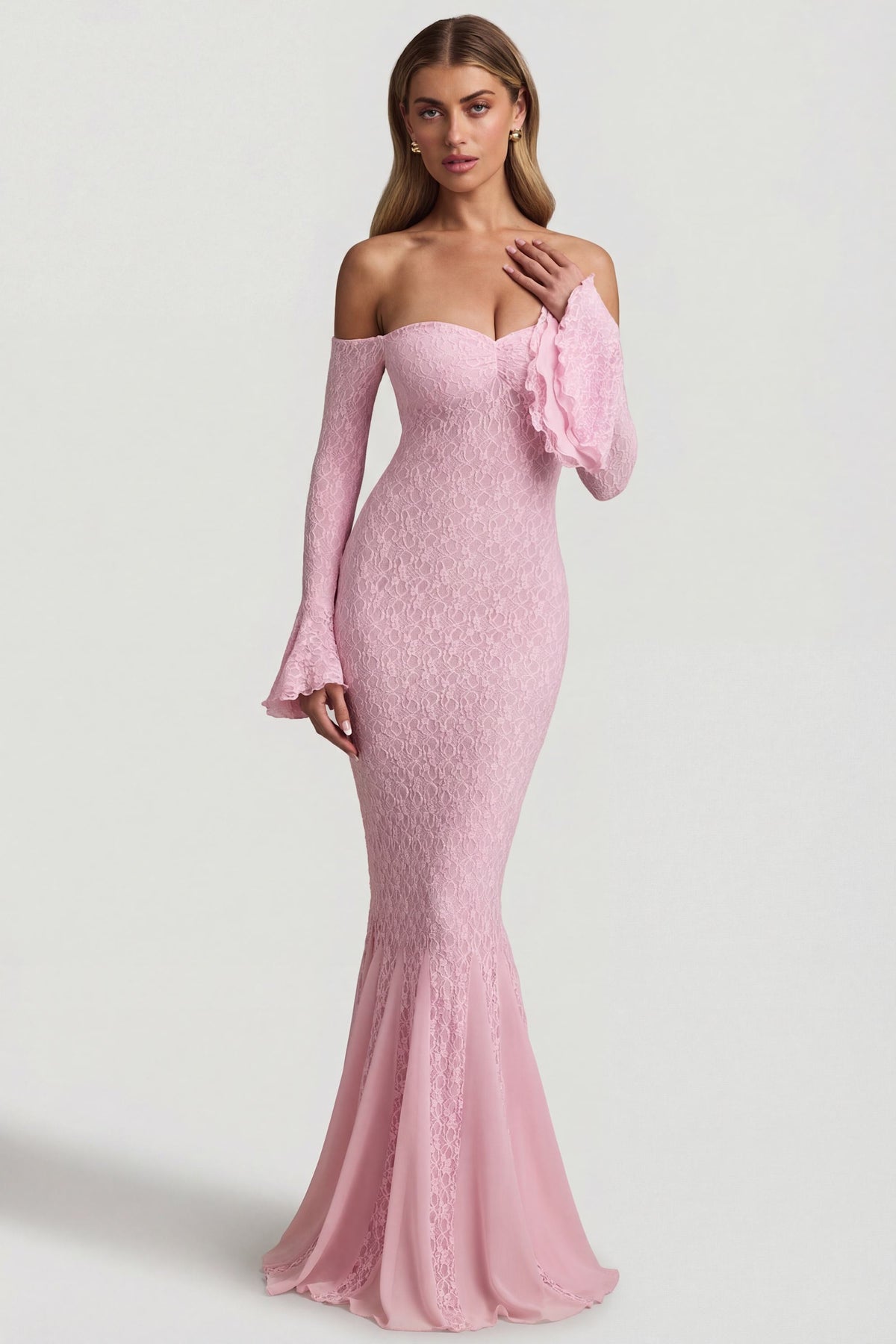 Belavie Verene Off-Shoulder Ruffle Lace Maxi Dress in Soft Pink