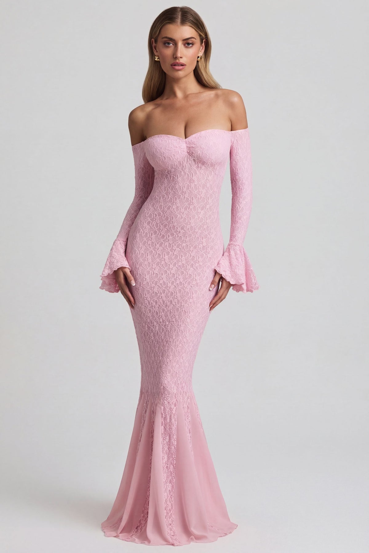 Belavie Verene Off-Shoulder Ruffle Lace Maxi Dress in Soft Pink