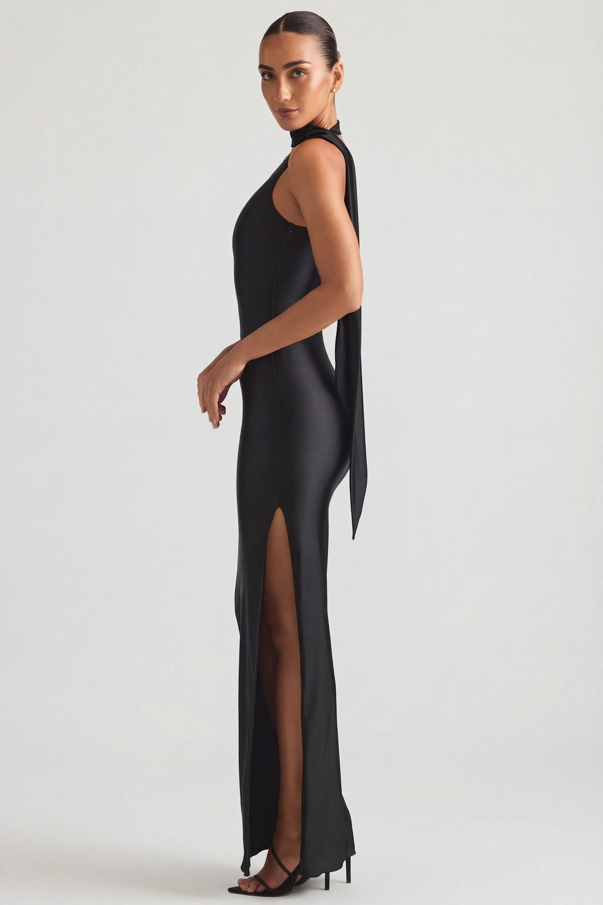 Belavie Sherel Asymmetric Scarf-Detail Maxi Dress in Black