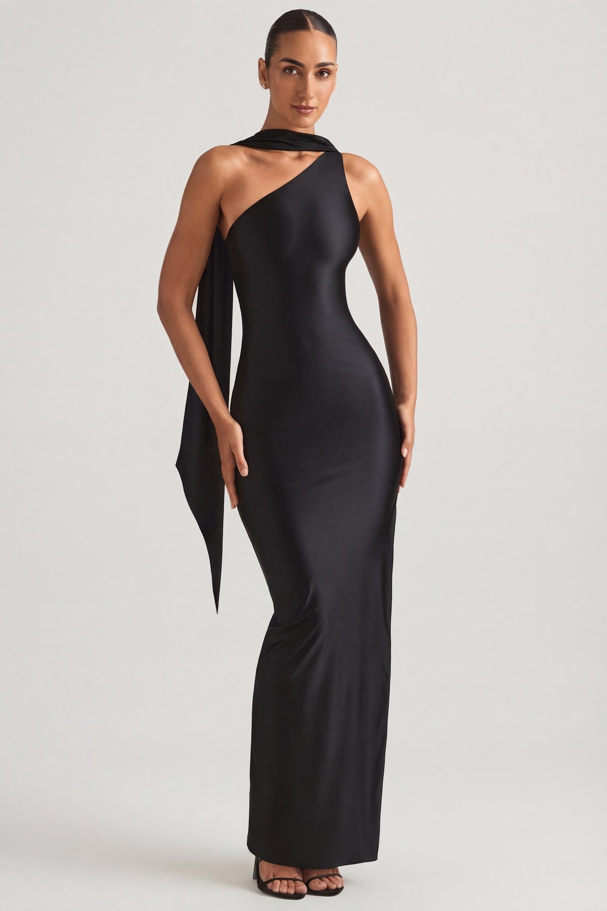 Belavie Sherel Asymmetric Scarf-Detail Maxi Dress in Black