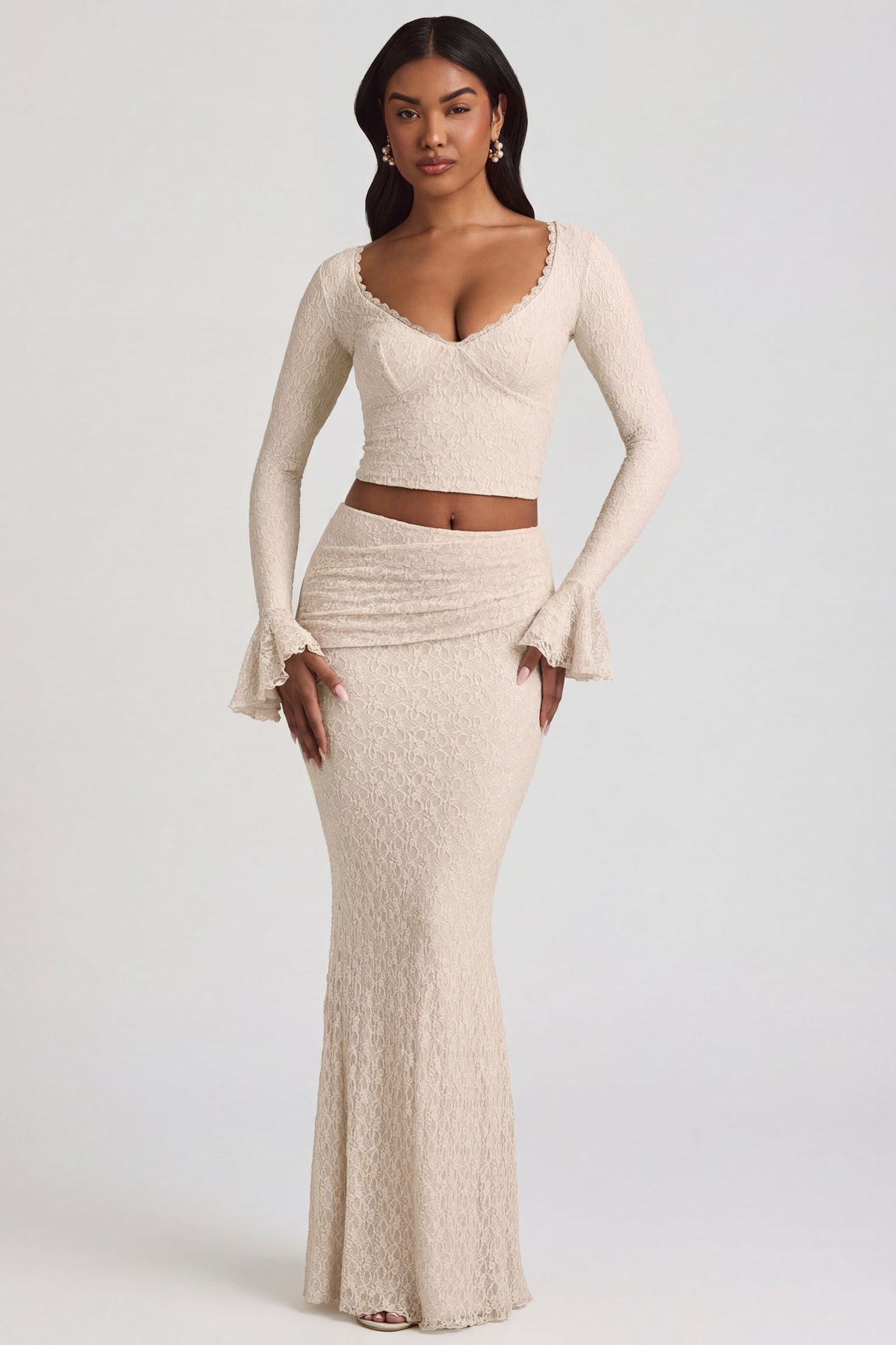 Belavie Dagni Ruffle Long-Sleeve Lace Top in Ivory