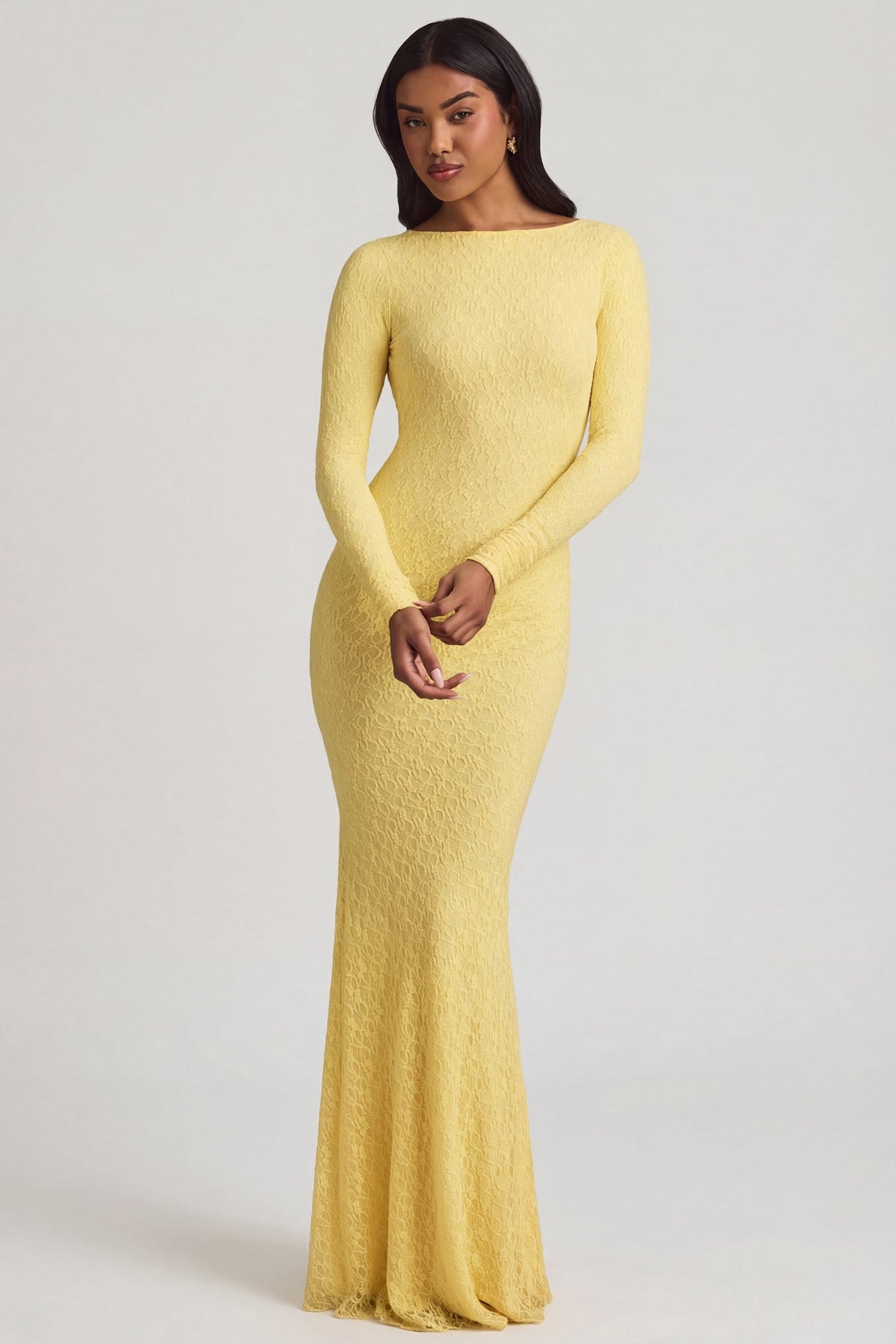 Belavie Tarine Ruched Backless Lace Maxi Dress in Pastel Yellow