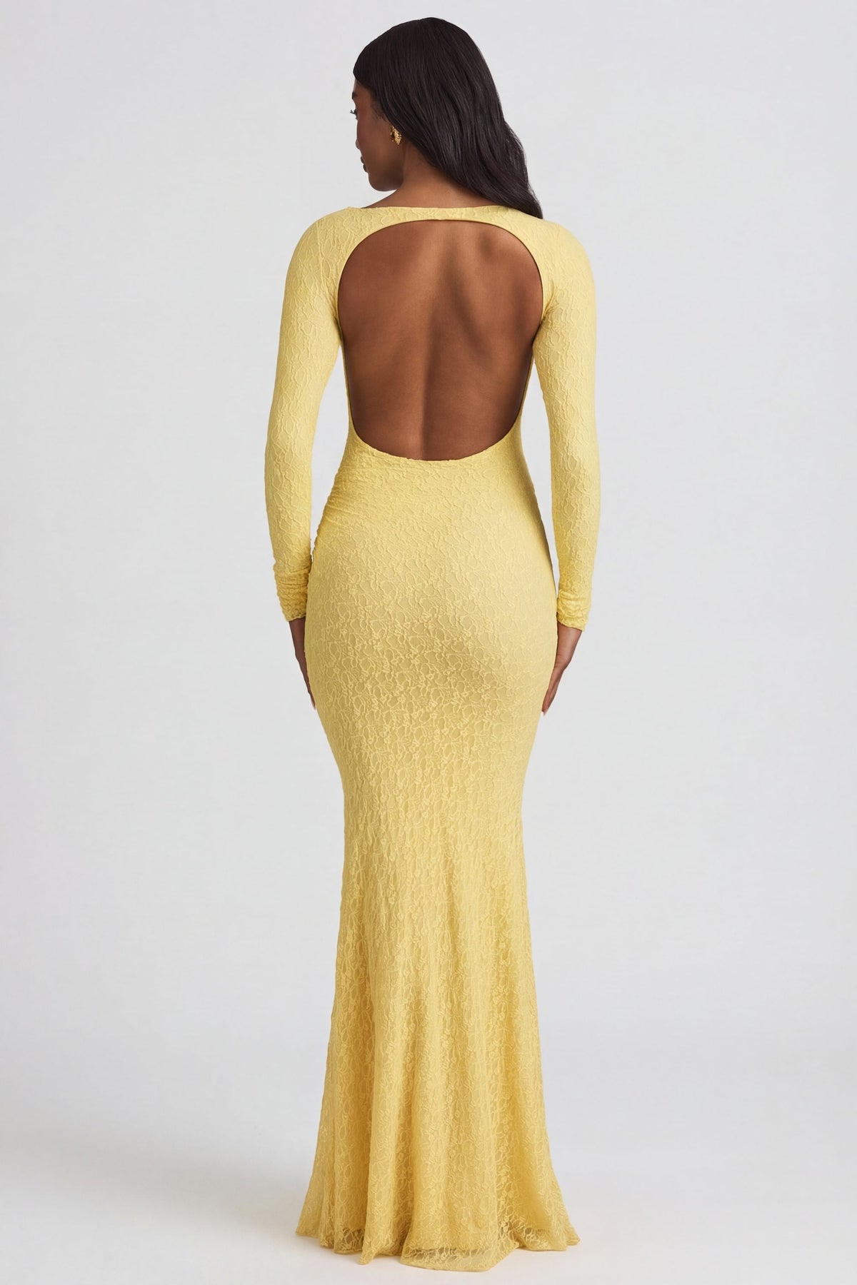 Belavie Tarine Ruched Backless Lace Maxi Dress in Pastel Yellow