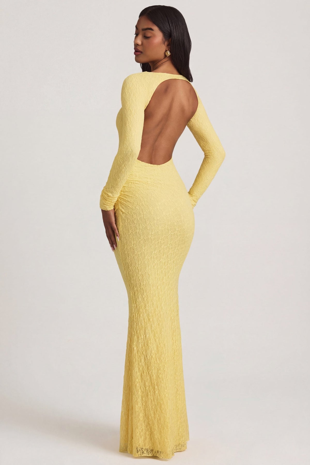 Belavie Tarine Ruched Backless Lace Maxi Dress in Pastel Yellow
