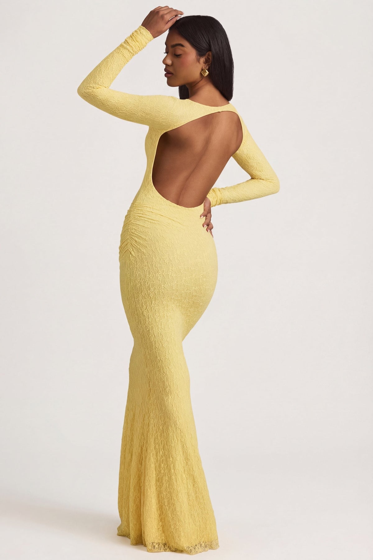 Belavie Tarine Ruched Backless Lace Maxi Dress in Pastel Yellow