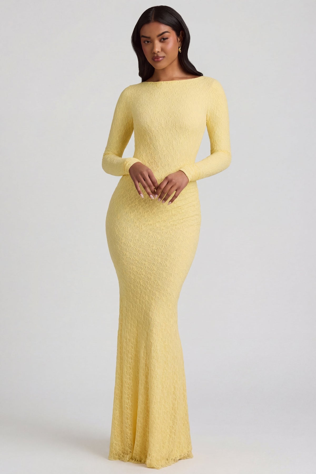 Belavie Tarine Ruched Backless Lace Maxi Dress in Pastel Yellow