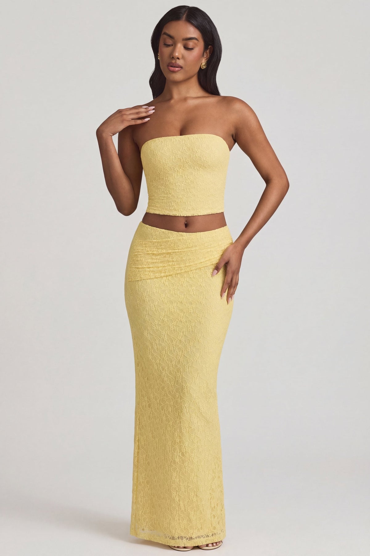 Belavie Tamie Ruched Strapless Lace Top in Pastel Yellow