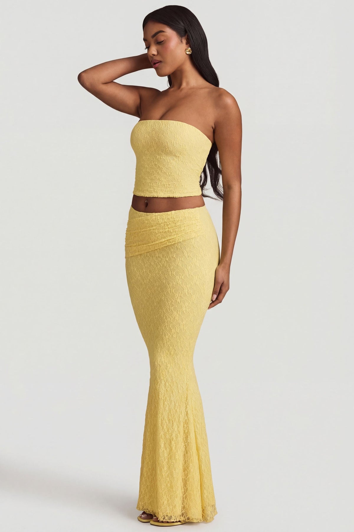 Belavie Tamie Ruched Strapless Lace Top in Pastel Yellow