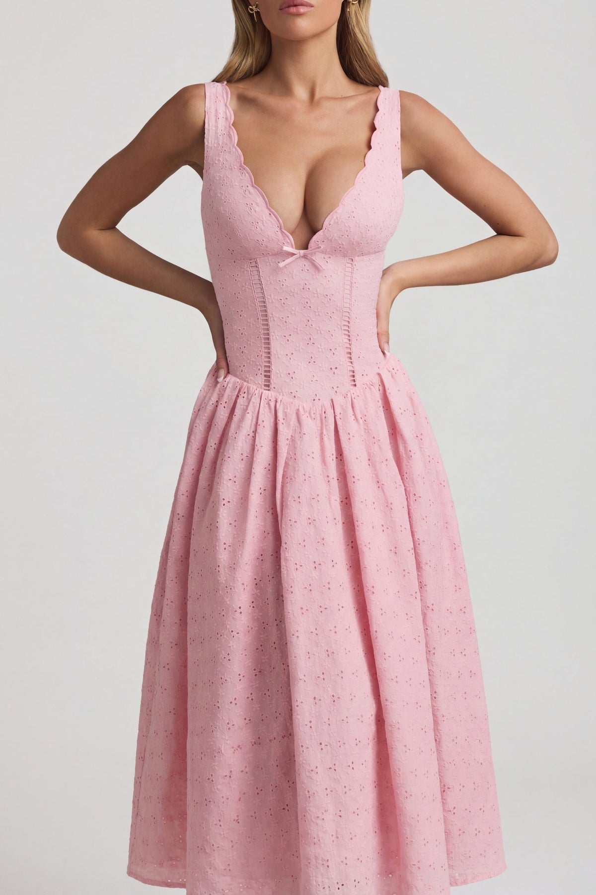 Belavie Saidei Broderie Anglaise Bow-Detail A-Line Midaxi Dress in Soft Pink