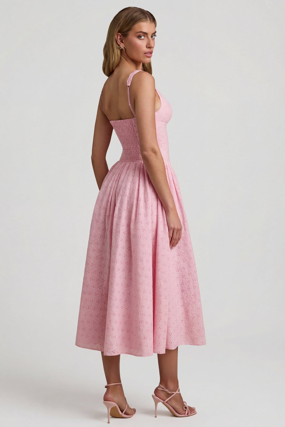 Belavie Saidei Broderie Anglaise Bow-Detail A-Line Midaxi Dress in Soft Pink