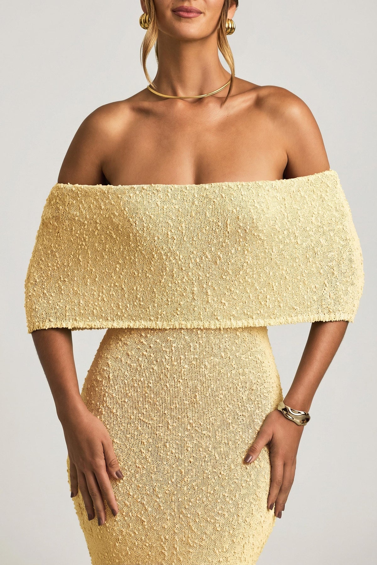Belavie Naie Bouclé Off-Shoulder Maxi Dress in Yellow