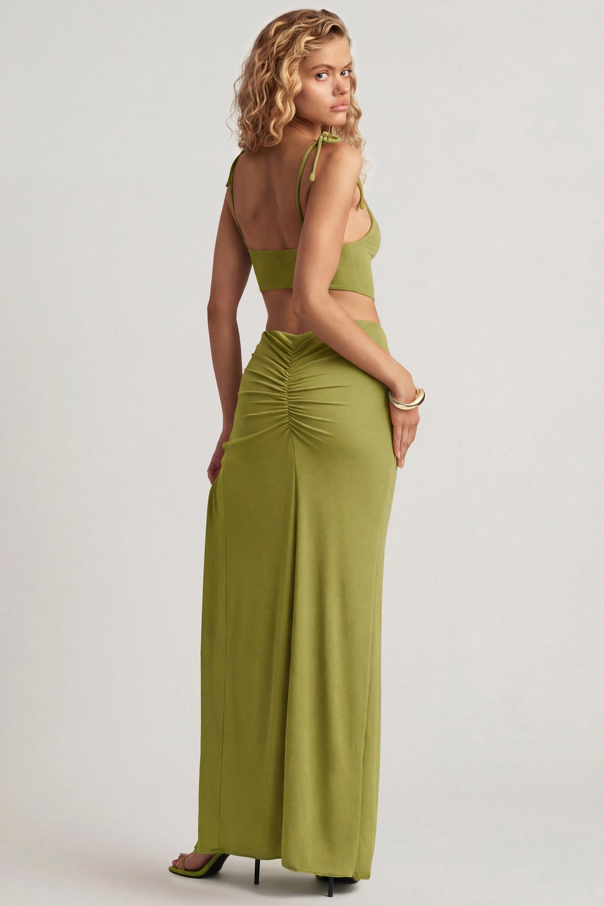Belavie Imare Textured Jersey Asymmetric Maxi Dress in Olive Green