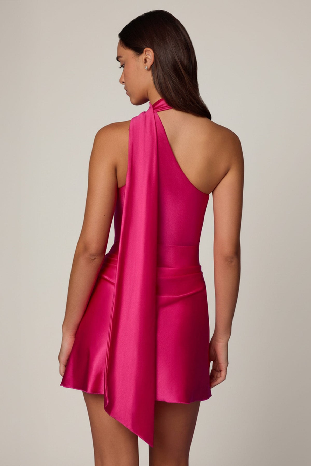 Belavie Kirez Asymmetric Scarf-Detail Mini Dress in Hot Pink