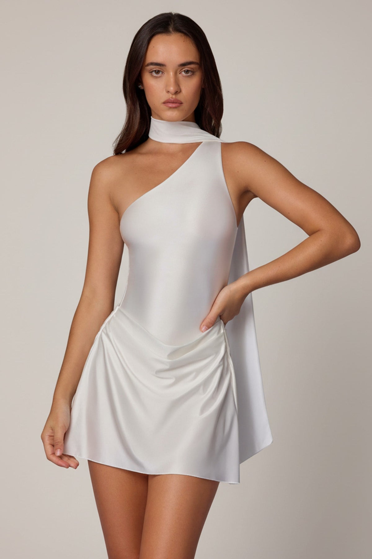 Belavie Kirez Asymmetric Scarf-Detail Mini Dress in White