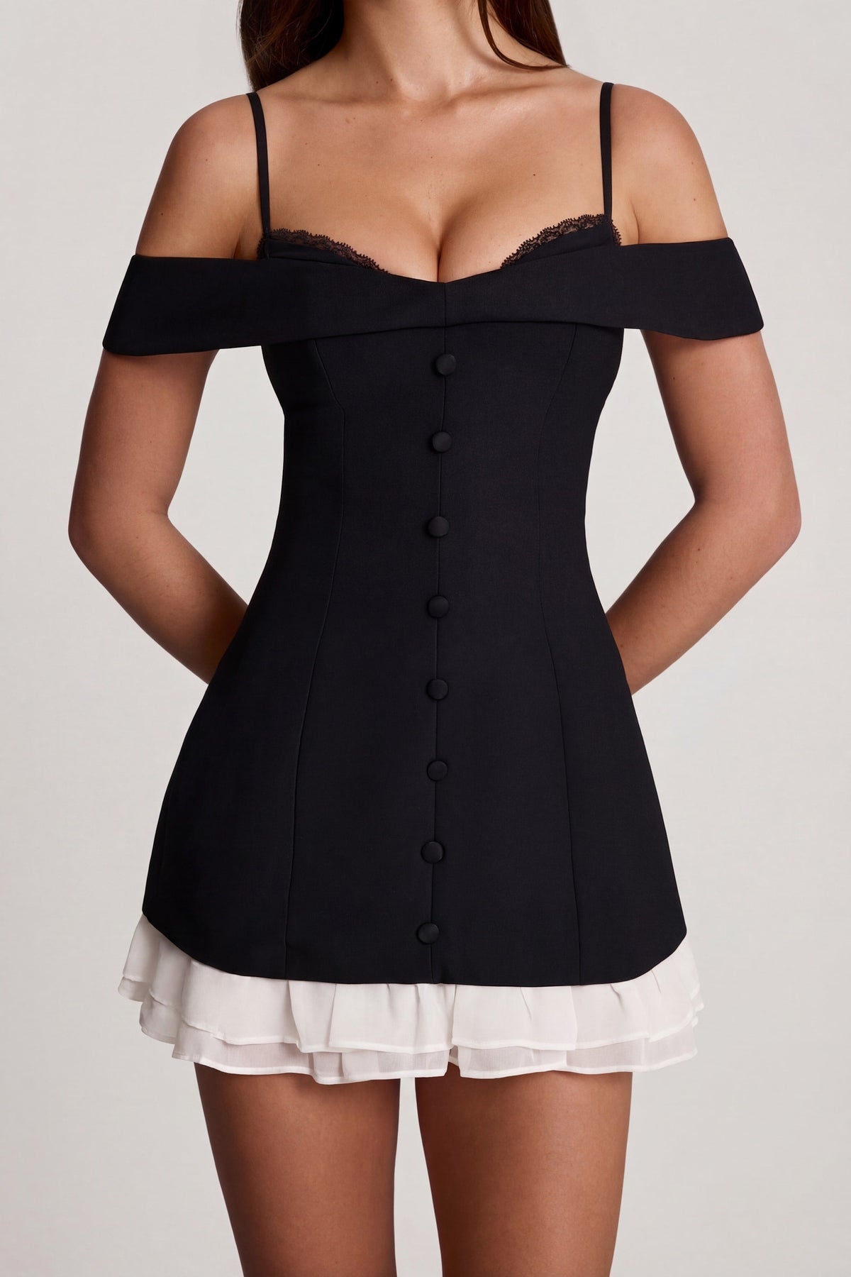 Belavie Maelia Off-Shoulder Ruffle A-Line Mini Dress in Black